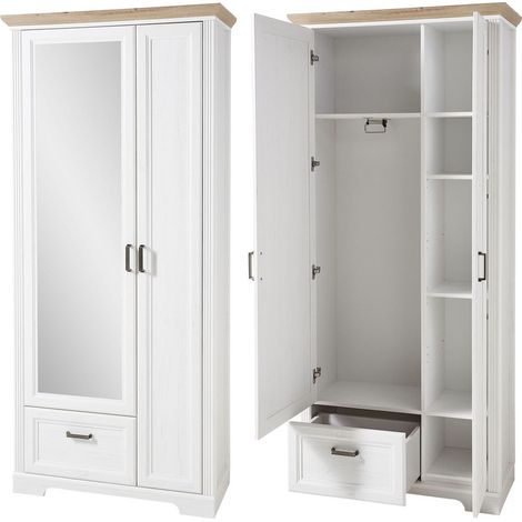 Landhaus Garderobenschrank mit Spiegel JÜLICH-36 in Pinie weiß mit Artisan Eiche, B/H/T: 93/204/41 cm (1/5)