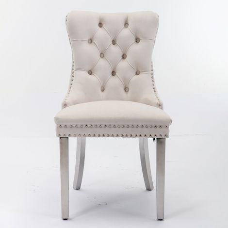 Chaises de salle à manger modernes haut de gamme : Structure en bois massif rembourrée, revêtement en velours, pieds en acier inoxydable chromé avec accents cloutés  Lot de 2, Beige avec finition chro