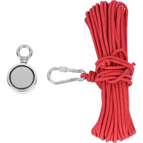 Crochet magnétique double face N35 265LBS, anneau unique pour récupération en rivière, corde rouge de 20 mètres (1/5)