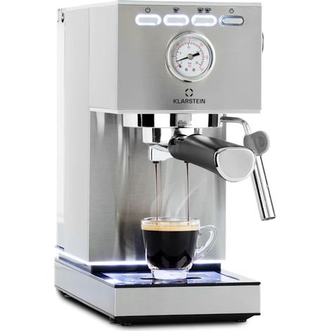 Klarstein – Cafetière expresso à porte-filtre 1350W – Pression 20 bars – Réservoir 1,4L – Fonction 2 en 1 pour 1 ou 2 tasses – Acier inoxydable