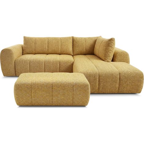 BOBOCHIC - Canapé d'angle L fixe NESTY tissu chiné avec pouf Angle droit  Jaune (1/5)