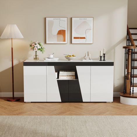 140 x 40 x 65 cm, Buffet de salon, Grand meuble de rangement avec 3 placards et 4 portes, Design angulaire + contraste noir et blanc, Commode moderne avec bande lumineuse LED (1/4)