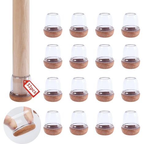 Chair Leg Protectors 28-36mm, 32 Pieces Round Transparent Silicone Floor Caps for Chair Legs with Felt Pads, Silicone, Scratch-Free, Noise-Free (1/5)