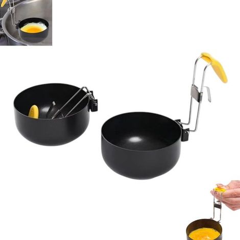 Cuociuova in due pezzi, resistente al calore, con robuste cupole a gabbia, manico pieghevole, ideale per campeggio e cucina. (1/5)