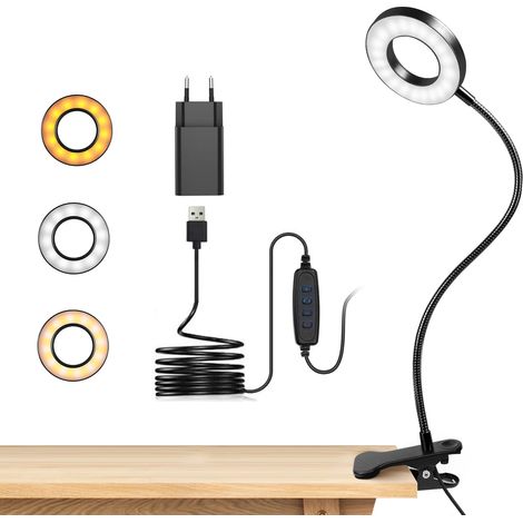 Lampe de Bureau à Pince 48 LED Flexible 360° Lampe Lecture Clipsable 3 Modes Éclairage 10 Niveaux Luminosité USB pour Étude Travail Noir