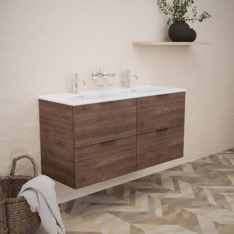 Inda - Badezimmerschrank B.120 mit Doppelwaschbecken Hochglanz/braune Eiche 4 Schubladen - Topazio (1/5)