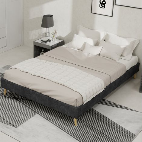 Cama de tela y metal gris 140x200 cm con somier de láminas y cabecero geométrico (1/5)