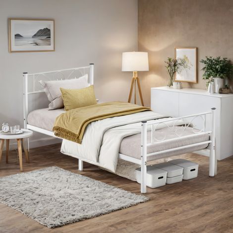 Cadre de lit simple Cadre de lit en métal, convient à matelas de 90 x 190 cm, pour enfants adultes, sans ressort de boîte nécessaire, montage facile, pour les petits espaces, blanc (1/5)