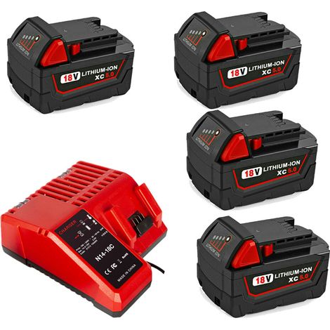 4X Battery & charger for Milwaukee 18V 5000mAh 48-11-1828 48-11-1840 C18B M18BX Li18 M18B4 M18 XC and Milwaukee Charger m18 48-59-1812 48-59-1807 48-59-1806 48-59-1840 2710-20 (1/5)