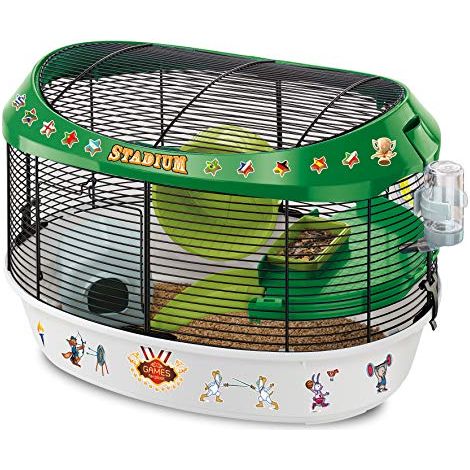 FERPLAST Gabbia Roditori STADIUM per Criceti, Topolini, in Metallo, Accessori inclusi: Mangiatoia, Beverino, Casetta, Ruota, Ripiano, Scaletta, Adesivi Decorativi. 49,5x34xh33cm (1/4)