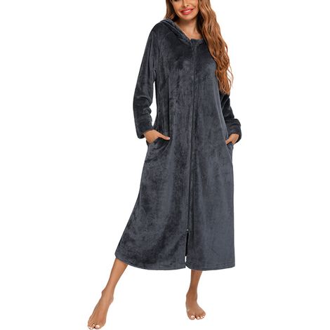 1 peignoir polaire zippé, à capuche et poches, pour femme, tenue d'intérieur ou vêtement de nuit (1/5)