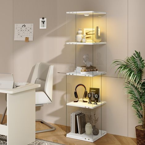 Vitrine Verre Rotative 360° - 38x38x160cm - Bibliothèque Pivotante 4 Niveaux avec Éclairage LED Multicolore Tactile - Blanc (1/5)