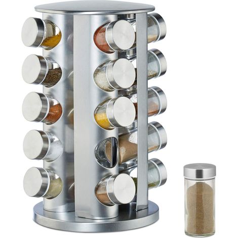 Carrousel, 20 Pots en Verre, Présentoir à épices INOX, Rotatif 360°, 34,5 cm Hauteur, argenté (1/5)
