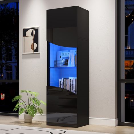 Vitrine salon 50x35x165 cm laquée noire portes incurvées, grand rangement avec éclairage LED intégré (1/5)