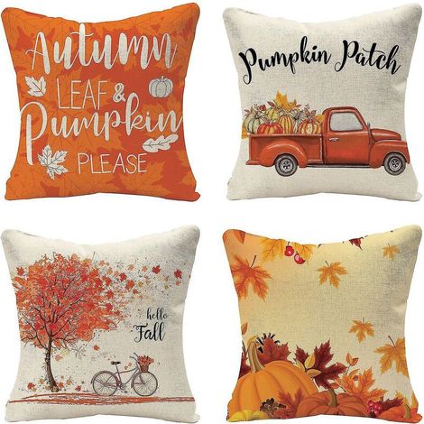 Set Of 4 Decorative Fall Pillowcases - Fall Pumpkin Farmhouse Linen 18 X 18" Pillow Cushion