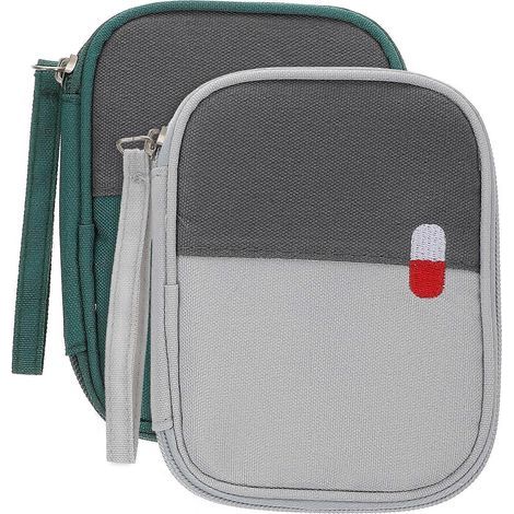 Lot de 2 mini-sacs de rangement pour médicaments, mini-pochettes de voyage pour premiers secours, mini-trousses de rangement portables pour premiers secours-14x11x2cm-Grey Green (1/4)