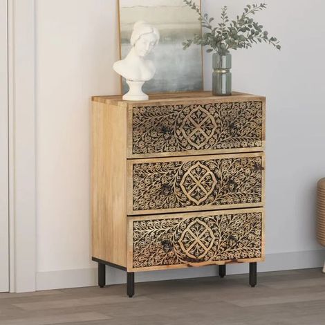 Meuble d'appoint en bois de manguier massif, 60x33x75 cm, console d'entrée avec tiroirs et étagères, rangement moderne pour salon ou couloir (1/5)