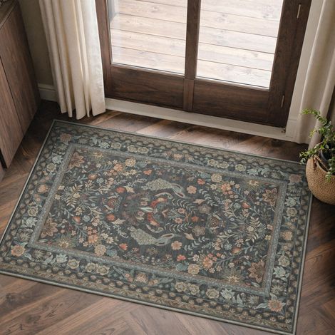 Tapis Entree Interieur Vintage 60x90cm Lavable en Machine AntidéRapant Poil Ras, pour Chambre Salle a Manger Descente de Lit Bureau, Cuisine,Jardin Oriental Gris (1/5)