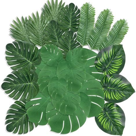 Set Décoration Jungle - 88 Feuilles de Monstera et Palmier Artificielles, Vertes avec Tiges, Anti-UV pour Intérieur/Extérieur,Décoration Murale (1/5)