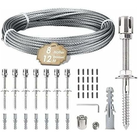 Support pour plantes grimpantes, kit de suspension de corde en acier inoxydable de 12 m avec cable en acier inoxydable de 3 mm et 8 tendeurs pour jardin/mur en béton/cable de clture/bois massif ( (1/4)