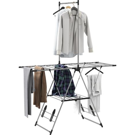 Stendibiancheria pieghevole, 5 alette regolabili, 4 supporti per scarpe, acciaio inox, argento