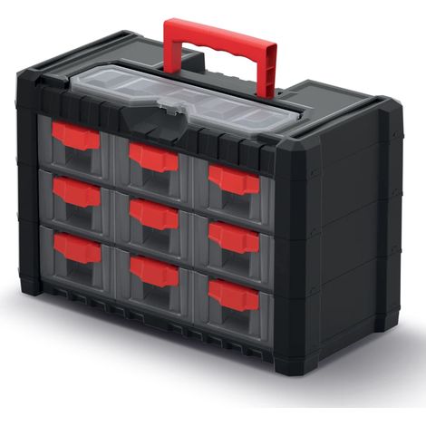 Caja de herramientas, Multicase, modelo Cargo KMC303, ideal para almacenamiento de piezas pequeñas, 9 cajones, compartimento superior, con asa ergonómica