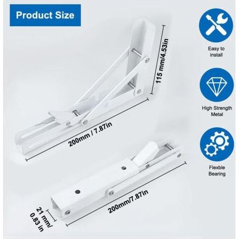 2 Pièces Equerre Pliante, 200mm Équerre Pliable, Acier Inoxydable Equerre Etagère Pliante, Blanc Equerre Tablette pour Établis pour Gagner de La Place Dans La Maison (1/5)