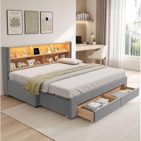 MODFU – Cama infantil extensible 90-180x200 cm de terciopelo con 2 cajones y compartimentos abiertos, LED, USB/Type-C y carga 150 kg – Gris (1/5)