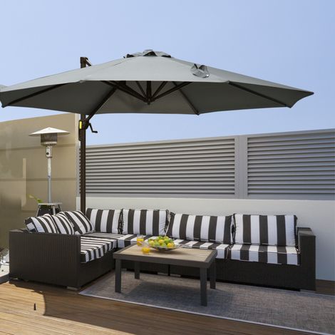 Parasol déporté octogonal inclinable rotatif 360° pied croix 8 baleines manivelle châssis alu acier Ø3x2,5H m, gris foncé