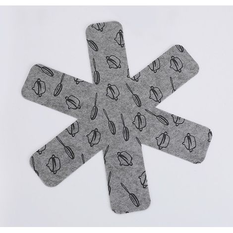 Set mit 3 grauen Topfschonern in drei verschiedenen Größen, mit bedruckter Filzbeschichtung zum Schutz der Oberfläche des Kochgeschirrs. (1/5)