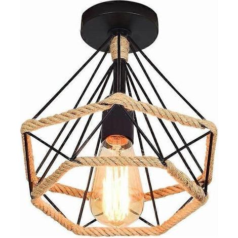 Plafonnier industriel style cage à diamants 25 cm, lustre vintage en métal avec corde de chanvre, éclairage en fer forgé, idéal pour chambre, salon, cuisine, culot E27 noir (1/4)