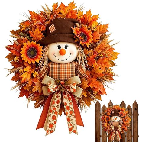 Couronne Automne Artificiel, érable, nœud, Panneau Bienvenue Ferme Couronne épouvantail moisson Pour Pendaison Crémaillère Portail Jardin Extérieur Intérieur Halloween Thanksgiving (1/5)