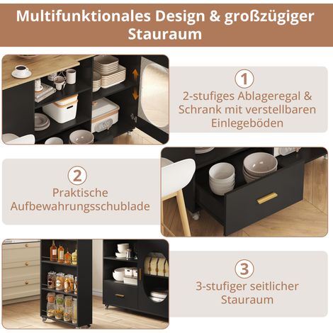 Isola cucina mobile con piano rotante 360°, 120-180 x 60 x 90 cm, MDF metallo naturale nero (1/2)