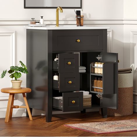 Waschtischunterschrank 61 cm Hochglanz-Schwarz mit 1 Tür, 3 Schubladen und Keramikbecken (1/5)