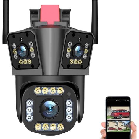 Caméra de sécurité à Domicile Caméra de Surveillance extérieure PTZ IP 5K 12mp, Dispositif de sécurité sans Fil, avec Trois objectifs, Zoom 10X, Suivi Automatique, étanche(5K Camera Add 128G) (1/5)