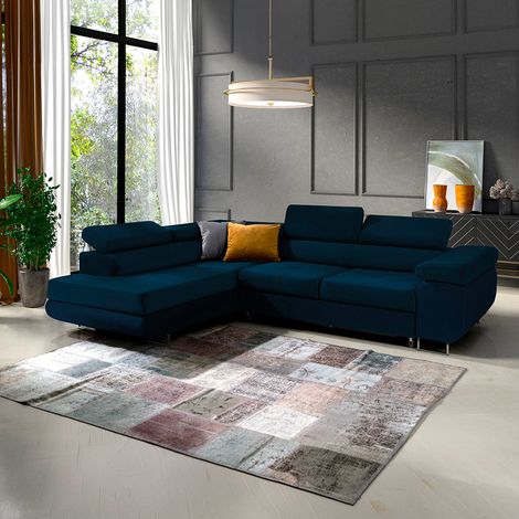 Canapé d'angle convertible gauche 4 places Wilson velours Bleu (1/5)