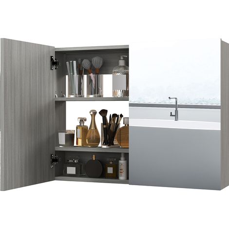 Badezimmer-Wandspiegelschrank, Aufbewahrungseinheit mit 2 Türen und verstellbaren Einlegeböden, 80 x 15 x 60 cm, grau