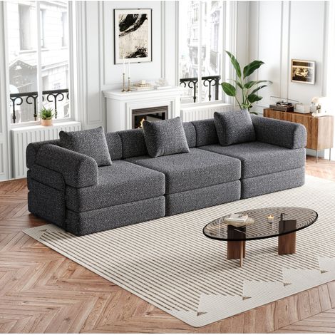 Divano letto 2 in 1 grigio in ciniglia con vano portaoggetti e configurazione modulare (1/5)