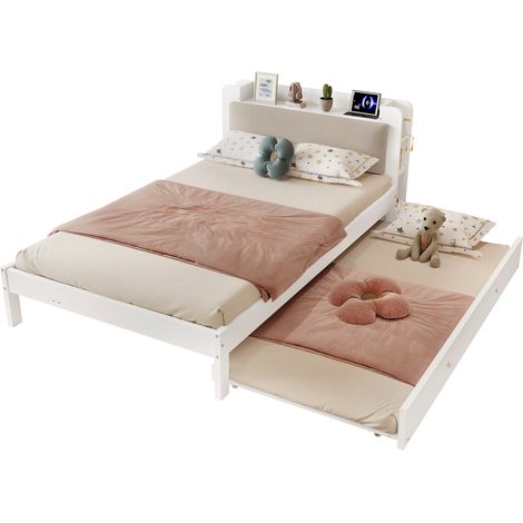 Lit gigogne 120×200 cm avec 90×190 cm, fonctionnel tête avec rangement, station de charge, espace ouvert pour invités, bois, blanc (1/5)