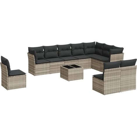 Salon de jardin 11 pcs Mobilier de jardin avec coussins gris clair résine tressée (1/5)