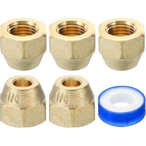 1/4 SAE Écrou Évasé en Laiton, 5 Pcs 45 Degrés Raccord de Tube Évasé en Cuivre, Capuchon de Raccord de Tuyau en Laiton avec Ruban Adhésif pour Conduite de Gaz d'Eau, Mat (1/5)