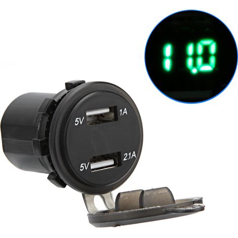 Chargeur de téléphone étanche à double port USB 4,2 A avec affichage numérique LED et voltmètre, câble de 60 cm (23,6 pouces), vert, 12-24 V CC (1/5)
