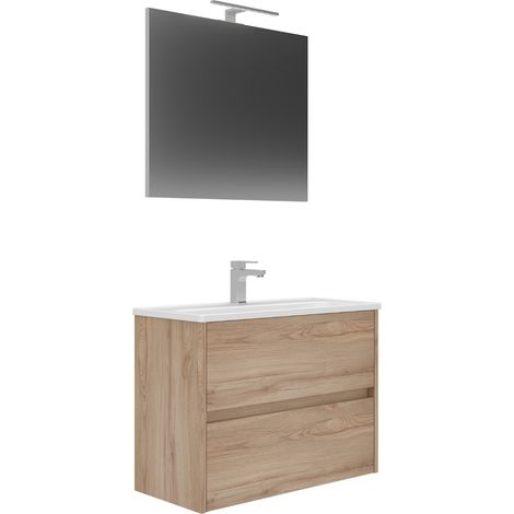 Conjunto Mueble LOVA Baño 2 Cajones con Lavabo y Espejo Roble (1/3)