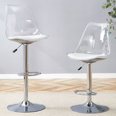 Lot de 2 tabourets de bar réglables, dossier plastique transparent, assise PU, pieds métal argenté, pivotants 360°