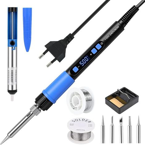 90W Fer à Souder Kit avec Marche/Arrêt, avec Ecran LCD et Température Réglable (180-500°C), Support Fer Souder, 5 Pannes, Pompe à Désouder, Fil à Souder, pour Joaillerie, Réparations (1/5)