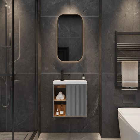 UEV Meuble Lave-Mains Mural, Meuble Lavabo Suspendu, Lavabo en Résine, Espace de Rangement Caché/Ouvert, Motif de Ligne, 51 x 30,5 x 54 cm, Gris Foncé (1/5)