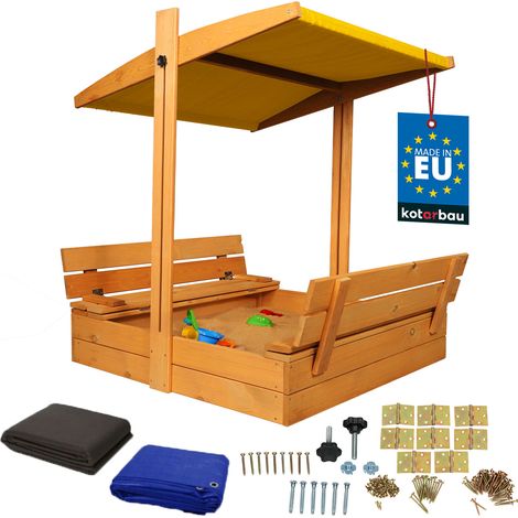 KOTARBAU® Großer Sandkasten aus Holz mit gelbem Dach, imprägniert, geschlossen, mit Sitzbänken, braun, 100 x 100 cm