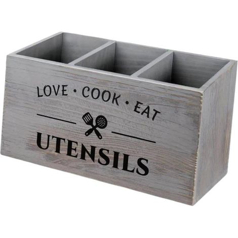 Ecleanfy - Porte-ustensiles de cuisine de style rétro, porte-couverts en bois, peut contenir spatules, fourchettes, cuillères, gris. (1/5)
