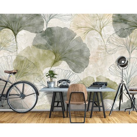 Papier peint panoramique feuilles de ginkgo aquarelle rétro pour salon et chambre 254x184 cm (1/5)