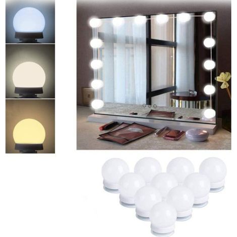 Ensemble d'éclairage pour miroir de maquillage, comprenant 10 ampoules, une interface USB, un interrupteur et un cordon d'alimentation, 3 couleurs. (1/5)